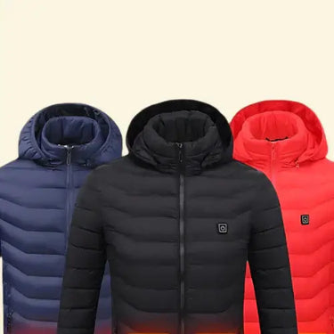 Three USB heated puffa jackets in blue, black, and red with hooded design by Warmweave™
